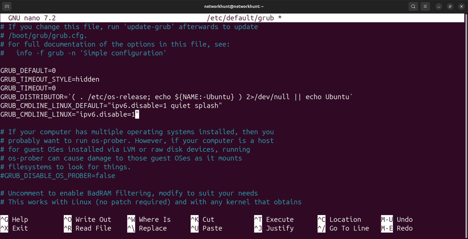 Editing GRUB configuration file to Permanently Disable IPv6