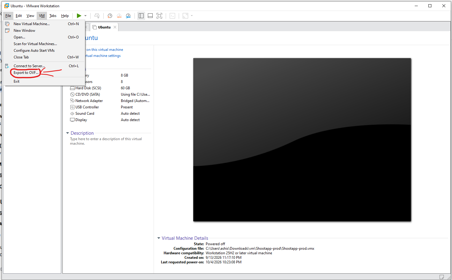 Export the VM vmdk using export OVS in VMware workstation.